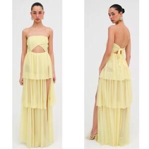 For Love & Lemons Juni Strapless Glitter Tiered Cutout Yellow Maxi Dress Size XS